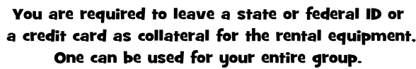 You are required to leave a state or federal ID or  a credit card as collateral for the rental equipment, One can be used for your entire group.